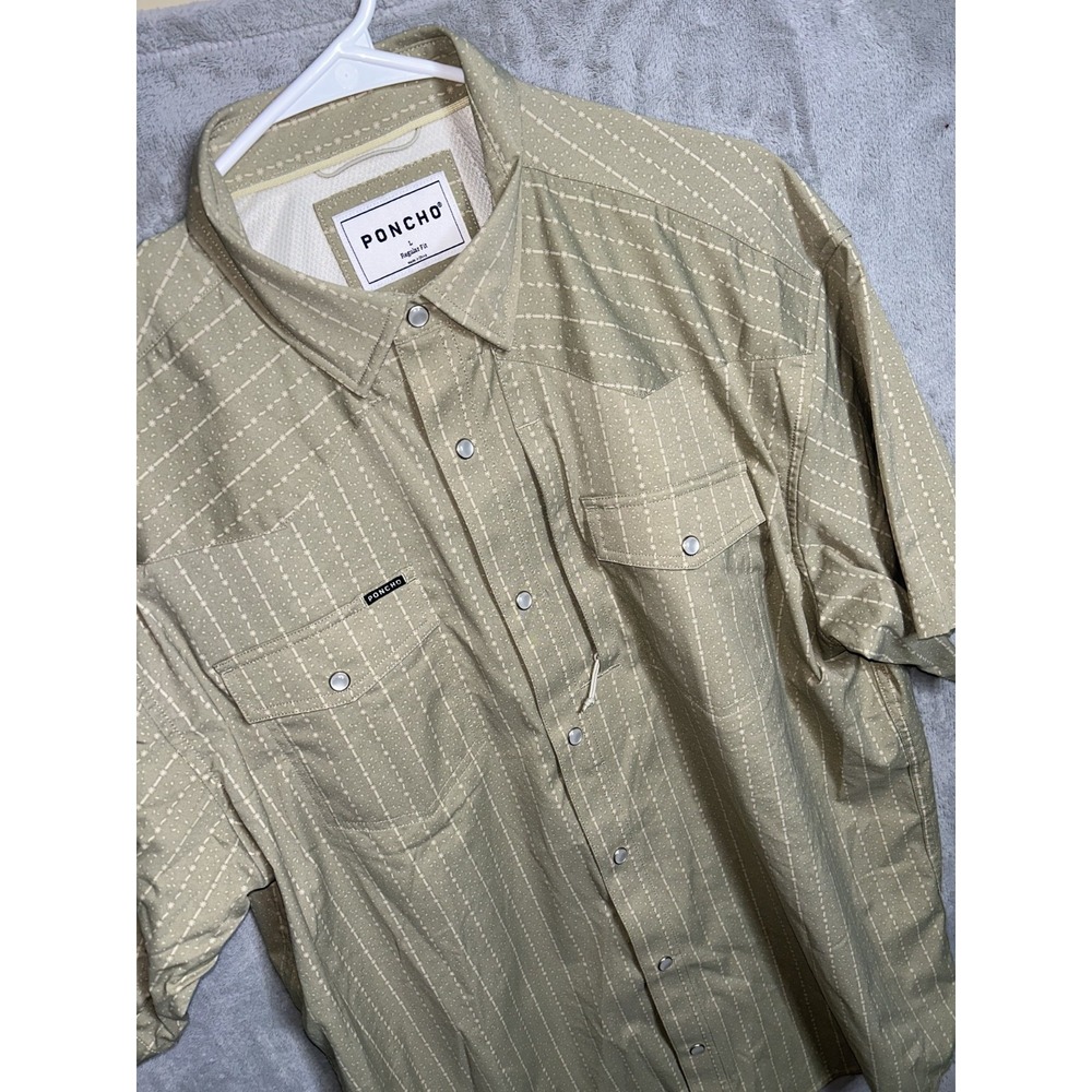 Poncho Colorado Springs Shirt Mens L Tan Stripe Magnetic Pockets Short Sleeve